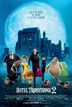 Hotel Transylvania 2 movie poster: Dracula and the monster family in front of the castle under a full moon
